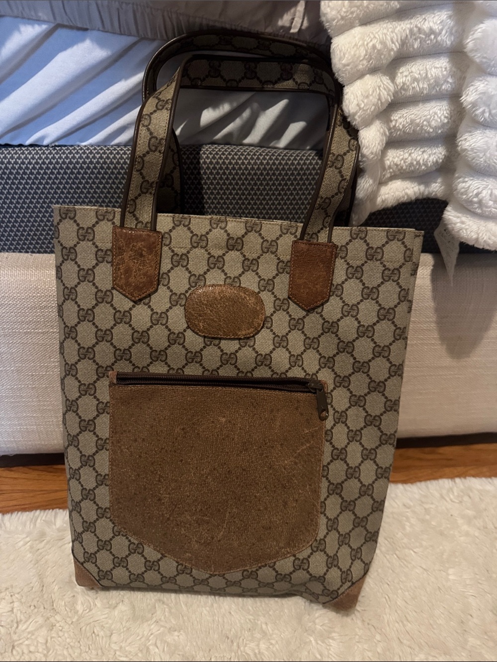 Gucci Beige GG Canvas Tote with Brown Leather Trim